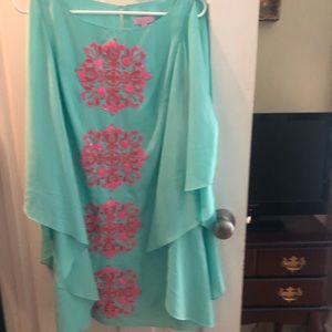 Turquoise dress with coral and rhinestone beading